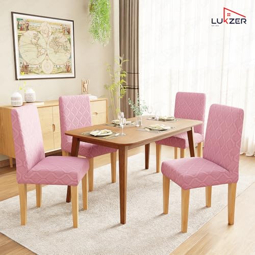 Image of Lukzer Elastic Dining Chair Cover - 2PC Pastel Pink Diamond Pattern | Textured High Stretch Jacquard Seat Cover | Removable Washable Short Dining Chair Cover Protector Seat Slipcover | (CC-154-02)