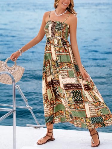 Image of CUPSHE Women Spaghetti Straps Boho Maxi Dress Summer Sleeveless Smocked Floral Beach Long Dress Flowy Cruise Vacation Outfits