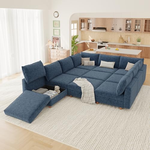 Image of 99 inch Modular Sectional Sleeper Sofa Bed with Storage & Washable Covers, 10-Seater Chenille Modular Sofa Bed with Movable Ottoman Chaise, Convertible Sleeper Sectional Couches for Living Room, Blue