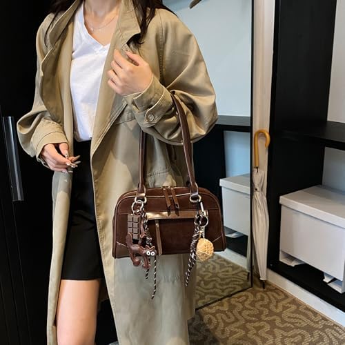 Suede Shoulder Bag For Women Y2k 90s Faux Leather Tote Purse Medium Soft Slouchy Handbag With Pendant Work Travel3