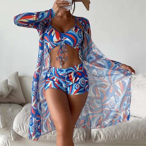 Image of SSoShHub Babydoll Lingerie Bodysuit Swimwear Mini Chemise Mesh Wedding Robe with Bikini Nightie Bridal Nightdress with Bra, Panty and Robe 3 Piece Set