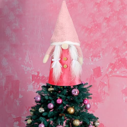 Gejoy Pink Gnome Tree Topper 21.65 Inch Christmas Tree Topper Large Swedish Gnome with Hat Plush Scandinavian Santa Gnomes for Xmas Home Table Decor