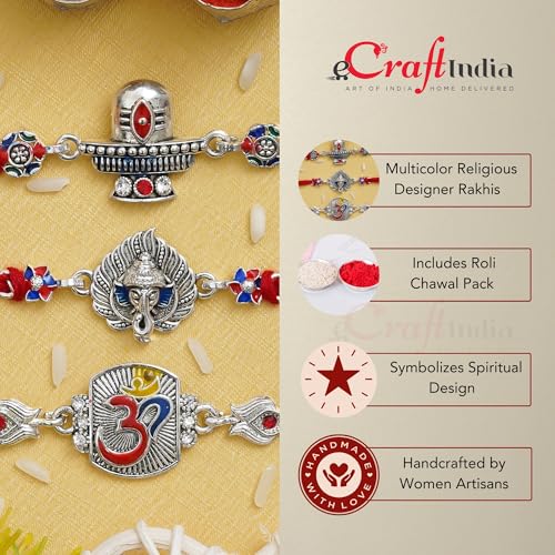 Image of eCraftIndia Set of 3 Multicolor Semi Precious Designer Rakhis for Brother Bhaiya Bhai | Roli Chawal Pack
