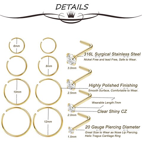 Nose Rings 12Pcs 20G 316L Stainless Steel L Shaped Nose Studs Cartilage Tragus Septum Piercing 6-12MM3