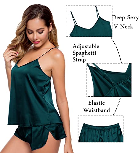 Image of SWOMOG Womens Silk Satin Pajamas Sets 4pcs Sleepwear Sexy Cami Shorts Set and Button Down Short Sleeve Pjs Loungewear