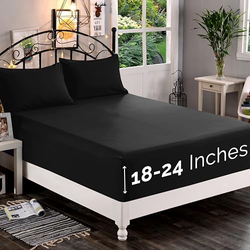 Elegant Comfort 1500 Premium Quality Fitted Sheet Ultra Soft 18-24 Inch Extra Deep Pocket - Single Fitted Sheet for High Mattress - Wrinkle Free with Smart Storage Pockets, King, Black