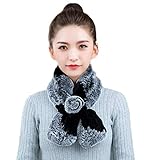 DTLDYG Femme Un Fleur Forrure Veritable de Lapin Rex Echarpe (Noir Gris)