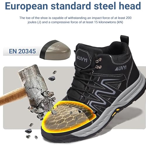 Image of AUVYI Steel Toe Work Boots for Men - Wide Toe Lightweight Breathable Safety Shoes, Slip-Resistant Industrial & Construction Work Footwear