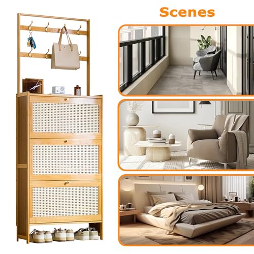 Scarpiera sottile in bambù con 3 cassetti pieghevoli, 70 cm, elegante design rattan, soluzione salvaspazio per la casa, elegante tagliascarpe con ante