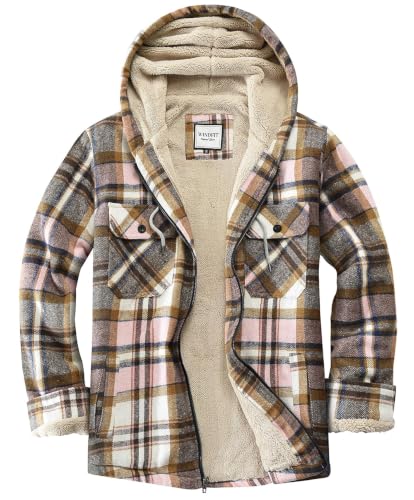 WINDFIT Women's Full Zip Fleece Flannel Jacket Plaid Sherpa Pink S