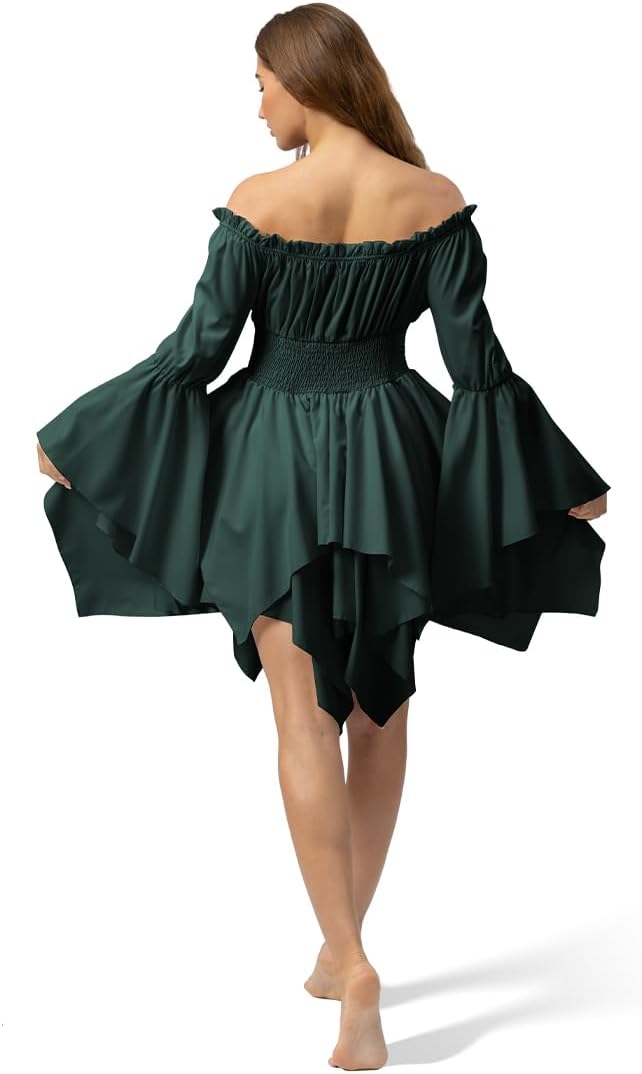 Women's Renaissance Pirate Dress Off Shoulder Bell Sleeve Fairy Dress Corset Waist High Low Hem for Cosplay Festival