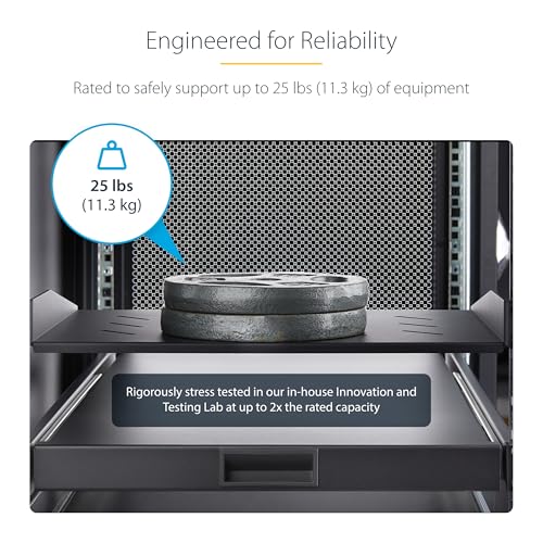 Image of StarTech 1U Vented Server Rack Shelf, 12in, 25lb (CABSHELFV1U-12-RACK) | EIA-310 19in rack and cabinet fit, 11.3kg, 31.5cm mounting depth, SPCC cold-rolled steel, Passive airflow