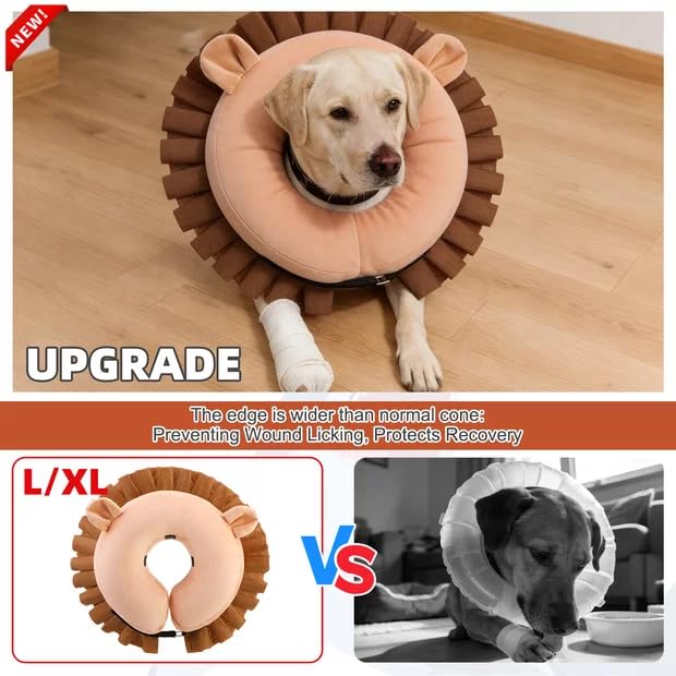 Image of KOOLTAIL Inflatable Dog Cone Collar, Soft Donut E Collar for Dogs After Surgery to Stop Licking Enhanced Alternative, Blow Up Pet Neck Pillow Recovery Adjustable Cone for Dog Cat, Lion XL