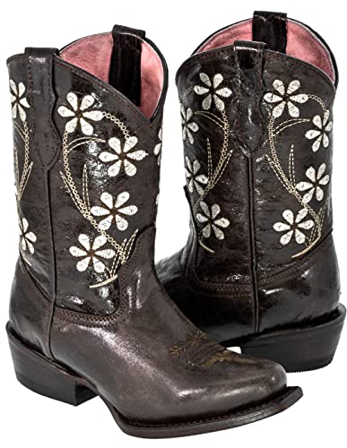 Kids Dark Brown Flower Embroidered Western Cowboy Boots Snip Toe2