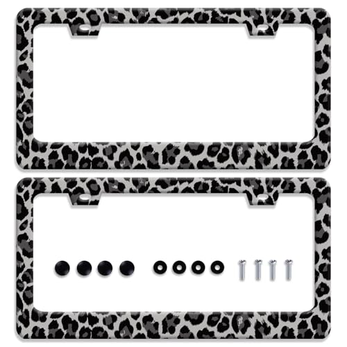 2pcs Black Gray Leopard Print License Plate Frame Beautiful Cheetah Print License Plate Holder Funny Stainless Steel Accessories Cars Decor with 2 Holes Fits Standard Us Ca Vehicles 12.2 X 6 Inch