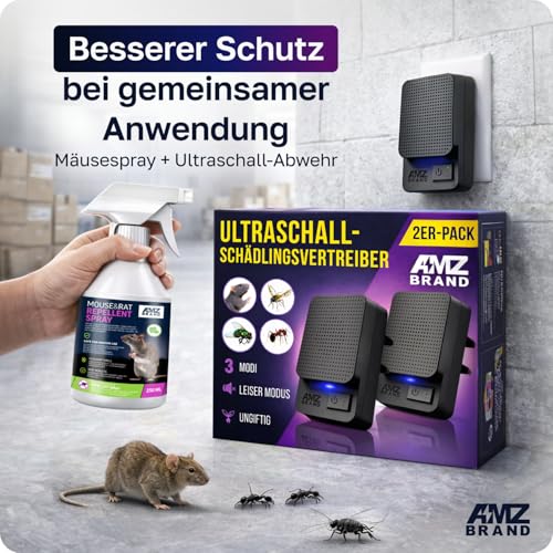 AMZ BRAND Ultraschall Schädlingsbekämpfer 2er Pack - Leistungsstarker Mäusevertreiber - 3 Arbeitsmodi - Breites Frequenzspektrum - Ideal für Mäuse, Ratten, Mücken, Kakerlaken, Motten, Ameisen