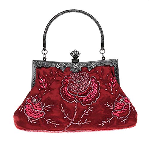 Ro Rox Marie Vintage Clutch Bag for Women - 1920s Peaky Blinders Beaded Bag for Evening - Elegant Purse with Removable Shoulder Chain - Snap Closure - Black Sparkly Handbag for Wedding Party, Burgundy