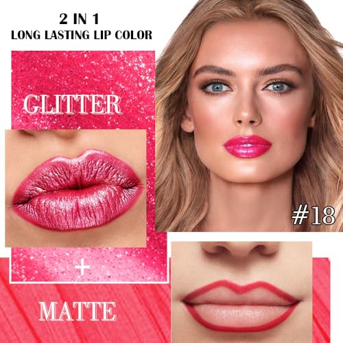 Image of evpct Crushed Ruby Red Metallic Glitter Lip Liner and Lipstick Combo Lip Gloss Stain Set Makeup for Women Long Lasting Waterproof 24, Red Frosted Metallic Shimmer Glossy iridescent Liquid Lipstick 18