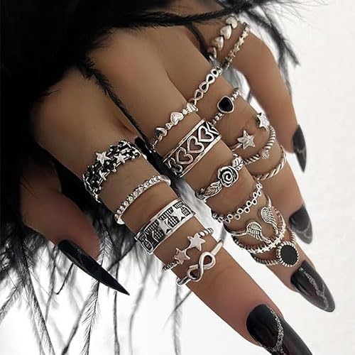 Rrdaily Vintage Knuckle Rings for Women Chunky Black Silver Ring Set Adjustable Finger Stackable Rings Goth Punk Grunge Snake Ring Boho Y2k Accessories Jewelry