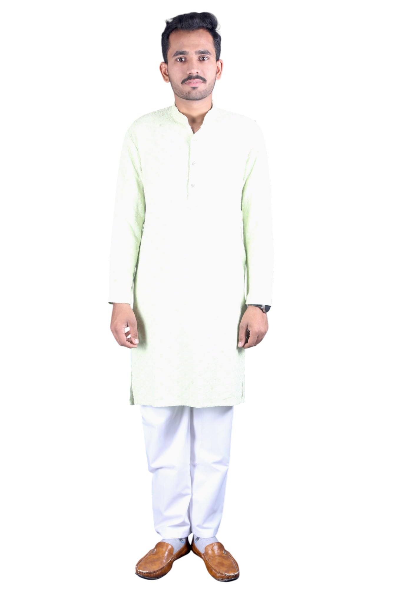 Mens Light Green Color Plain Kurta