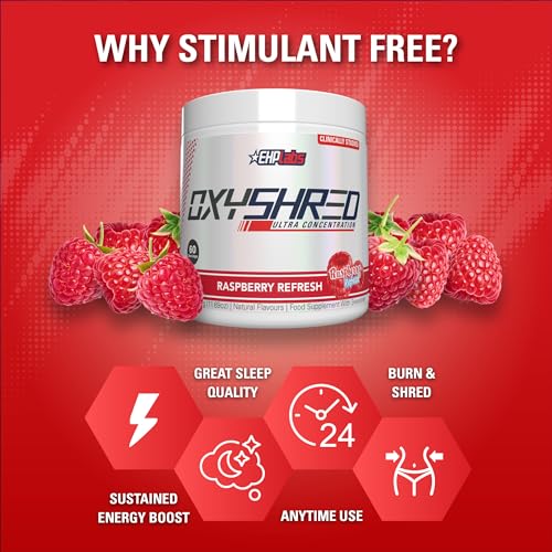 Image of EHP LABS OxyShred Non Stimulant Pre Workout Powder - Stim Free, Caffeine Free Preworkout for Men & Women - Non Stim Preworkout - Sugar Free Energy Powder - Raspberry, 60 Servings