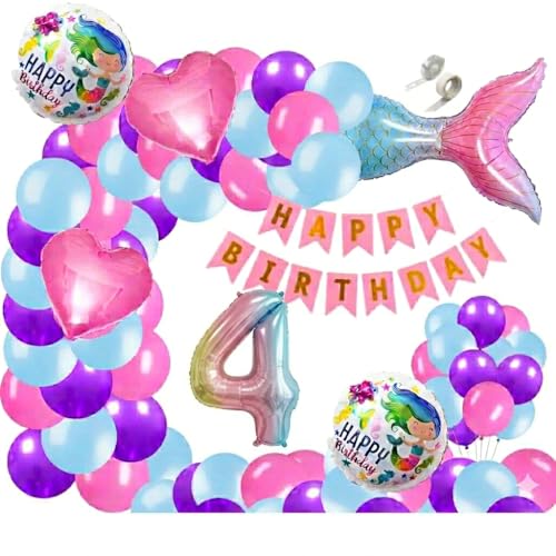Image of 60 pcs 4th Birthday Decoration for Girls Tail Foil Balloon Garland Rainbow Number Foil Theme Birthday Decorations Aqua Theme Birthday Decorations (Pack of 60, Multi)