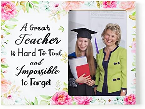 BUoonyer Teacher Picture Frame, Appreciation Photo Frames for Teachers, Floral Wooden Tabletop Wall Hanging Picture Album, Back to School Graduation Thank You Teachers Retirement Gift for Women 7”x 9”