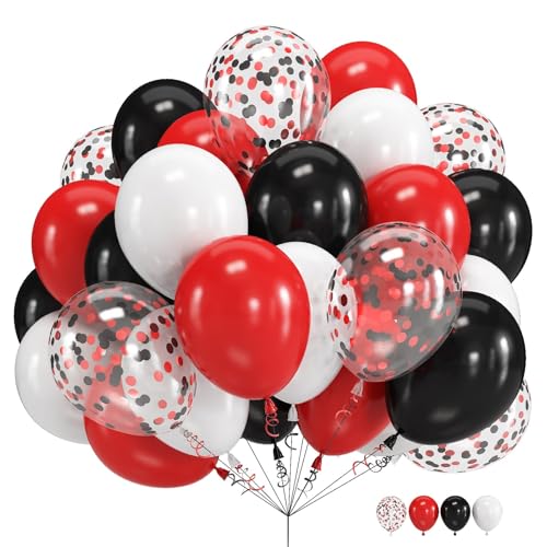 Image of Black Red Confetti Balloons, 60 Packs 12 Inch Black Red Party Balloons with Ribbons for Men Women Birthday, Wedding, Bridal Shower, Graduation, Casino Theme Party Decorations