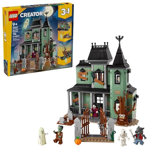 LEGO Creator 3 in 1 Haunted Mansion Building Toy for Kids - Halloween Building Blocks & Learning Toy for Girls & Boys, Ages 9+ - Build a Haunted House, Train, or Ship - Gift for Birthdays - 31167