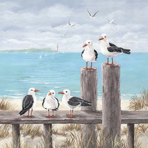 20 servilletas de papel con diseño de gaviotas marítimas en la orilla como decoración de mesa. Servilletas de papel con diseño. También para decoupage y decoupage y decoupage (33 x 33 cm)