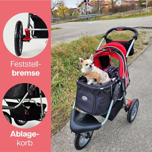 Hundewagen/Katzenwagen - Innopet Comfort EFA Eco schwarz/rot – faltbarer Hundebuggy für Waldwege & Strand, geländegängig, pannensichere 30cm Räder – 2 Leinen innen - Haustierwagen