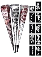 eLander 3x Henna Tattoo Temporäre Tattoo Natürliche + 10x Henna Tattoo Schablone,Temporäre Mehndi Tattoos, Natürliche Kegel, Tattoo sticker, Temporäre Tätowierung (Schwarz, Braun, Rotbraun)