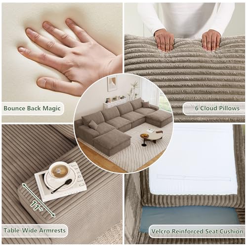 Image of 136 inch Cloud Couch Modular Sectional Sofa for Living Room, U-Shape Boneless Couch with Deep Seat, Modern Corduroy 4-Seater with Ottomans, No Assembly Required, Camel