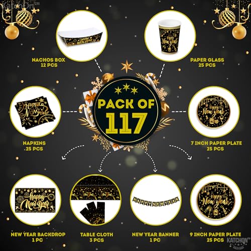 Katchon KA-NY-ST-GB-FRNFRI New Years Plates And Napkins Set - Pack Of 117 | Happy New Year Banner thumb #1