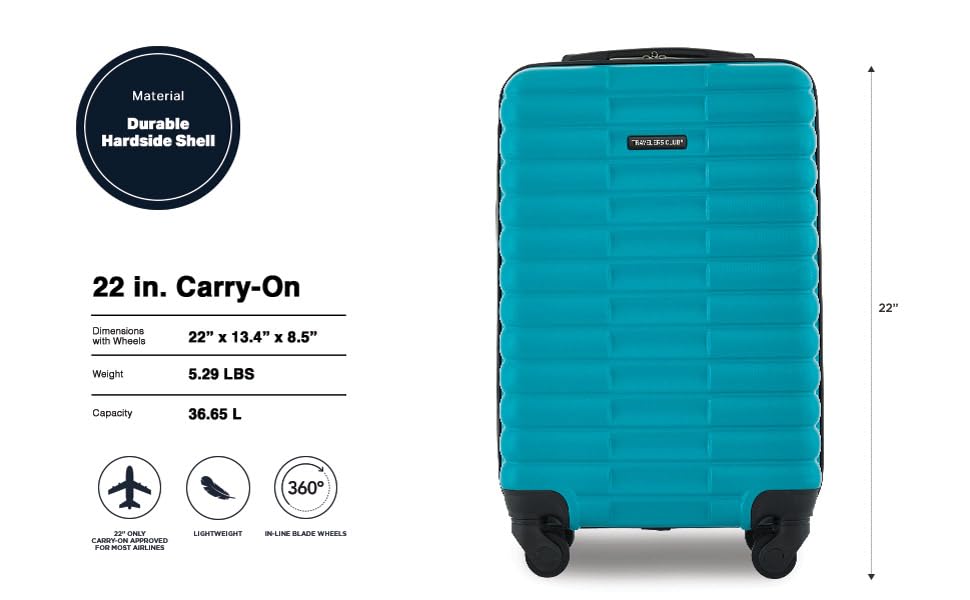 Image of Travelers Club 22-Inch Gilroy Rolling Hardside Carry-On Luggage, Teal Blue