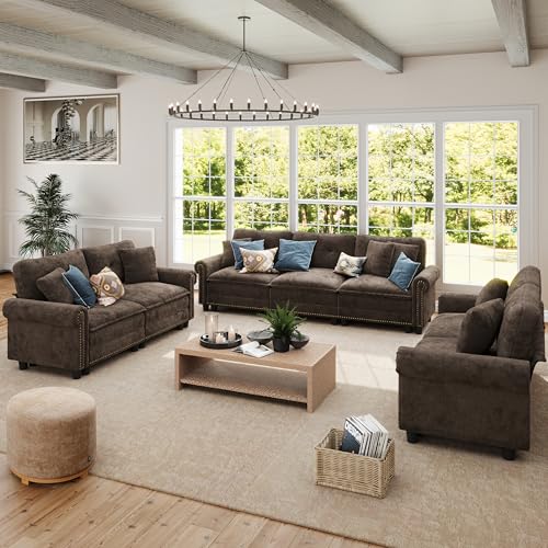 Image of SUNSHINE VALLEY Modular Sectional Sofa and Loveseat Set Living Room 3-Piece | Mid-Century Modern 7-Seater Cloud Couch Set, Grayish Brown, Rolled Arms & Nailhead Trim, Wider Seats, Chenille Furniture Set