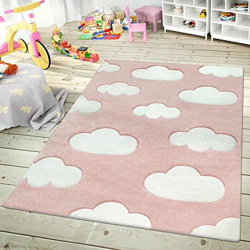 Modern Kids Rug with Clouds in Pink Pastel for Nursery, Size: 5'3" x 7'7" Modern Kids Rug with Clouds in Pink Pastel for Nursery, Size: 5'3" x 7'7"