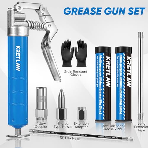 KRETLAW Mini Grease Gun (3000PSI) with Double 3oz Cartridge Grease and 12'' Flex Hose, Reinforced Coupler for Automotive, Marine