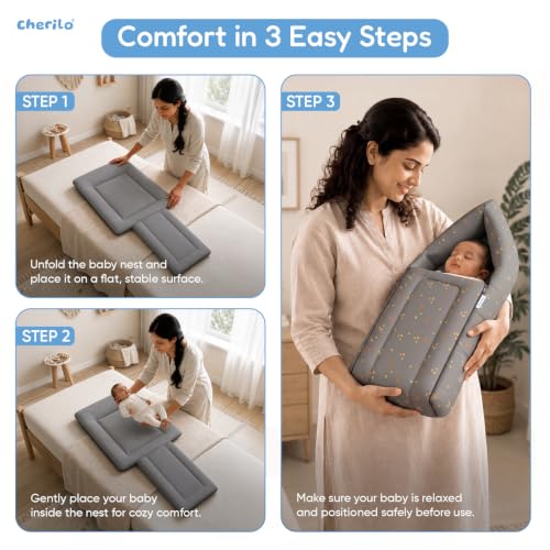 Image of Cherilo 3 in 1 Baby Bed, Sleeping Bag & Carry Nest, Cotton Baby Bedding for New Born & Infant, Portable Bassinet, for Baby Carrying & Unisex Baby Sleeping Bed, 0M+ (Grey Leaf)