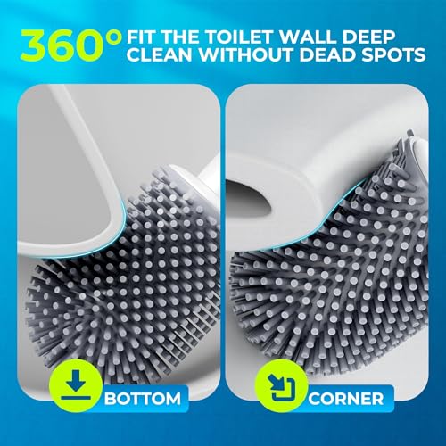Image of Silicone Toilet Brush, L-Shaped Toilet Brush and Holder Set, Bathroom Toilet Brush with Long Non-Slip Handle, Wall Mounted or Floor Standing Design, for Home and RV Use