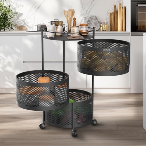 Amazon Brand - Solimo 360° Revolving Preassembled Portable 3 Layer Round Multipurpose Storage Kitchen Rack Carbon Steel Fruit Vegetable & Spice Trolley with Wheels for Kitchen Organizer(Matte, Black)