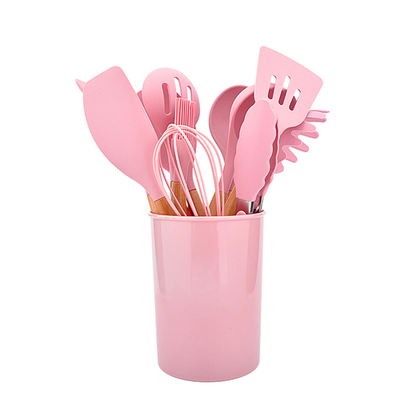 12-teiliges Silikon-Küchenhelfer-Set mit Holzgriff, Antihaft-Backutensilien, rosa Kochutensilien mit Aufbewahrungsbehälter für Hobbyköche und Bäcker