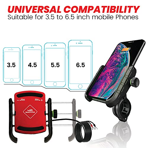 Image of GRAND PITSTOP Mobile Holder for Bikes, Motorcycle, Scooter, Bicycles, Jaw Grip with Charger Bike Mobile Holder for Maps and GPS Navigation with 360 Rotation Aluminium Handlebar Phone Mount-Red