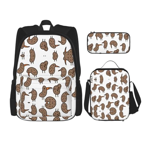 nanger Kiwi Bird Cute Print 3-Piece Set Backpack, Lunch Bag And Pencil Case, For Travel, College, And Daily Use