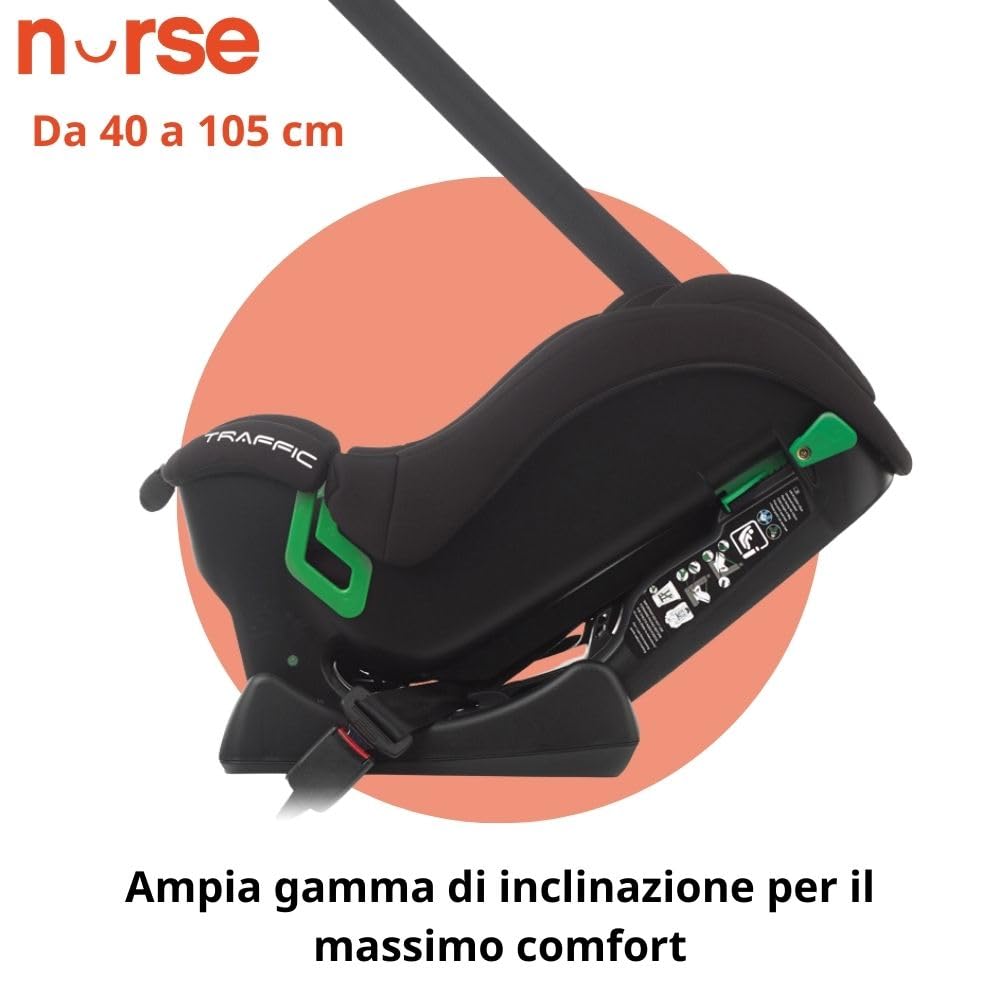 Nurse Traffic, Seggiolino Auto iSize, 40 a 150 cm, 0 a 12 anni, Senza Isofix, Ampia Reclinazione, 13 Posizioni Poggiatesta, Grigio