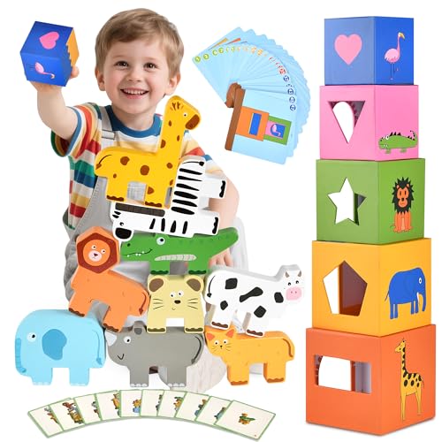 Montessori Stacking Toys for 2 3 4 5 Year Olds - with 60+ Educational Puzzles Ways to Play - Wooden Animal Number Blocks - Color Recognition & Nesting Boxes Game - Preschool Toddler STEM Learning Gift