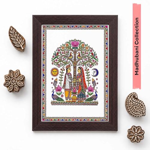 Image of PAPER PAJAMA Wedding Wall Art for Living Room | Madhubani Marriage Ceremony Painting | Traditional Mithila Folk Art Framed Decor for Home, Bedroom & Office (10x13 Inches)