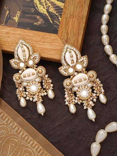 Image of SANJOYA by EVERSTYLISH Embroidered Earrings for Women | Shell, Beads & Pearl Drop Statement Dangler Earrings | Ethnic Jewelry for Weddings, Festivals & Special Occasions