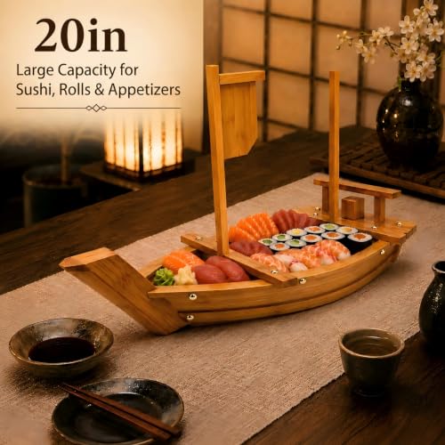 Image of Wooden Sushi Boat Serving Tray Plate, 20In Large Charcuterie Boards | Nature Bamboo Handmade, Japanese Sushi Plate, Restaurant or Home Party Display Platter
