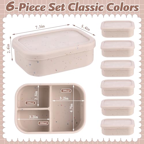 Image of Honeydak 6 Pcs Silicone Bento Box, 3 Compartment Lunch Food Container for Women Men, Leak Proof Microwave Easy to Clean Dishwasher Freezer Safe (Beige)